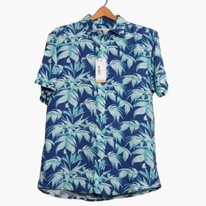 NWT Hawaiian Shirt Mens Medium Button Up Blue Tropical Soft 100% Viscose Palm